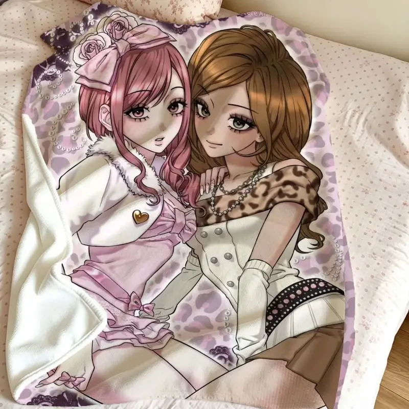 VIKAMA Anime Throw Blanket with Two Stylish Girls in Pink Leopard Print Soft Manga Cartoon Sofa Blanket Gift for Anime Fans