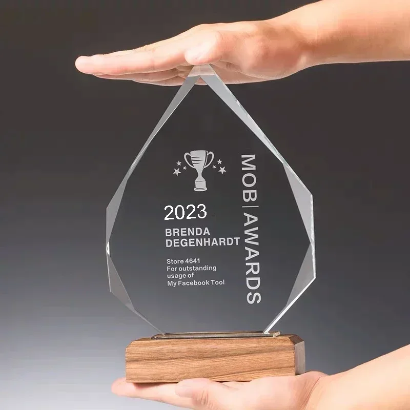 Free Personalized Creative Crystal Trophy With Wooden Base Engraving Logo Text Honor Medal Champion Award Competition Souvenir