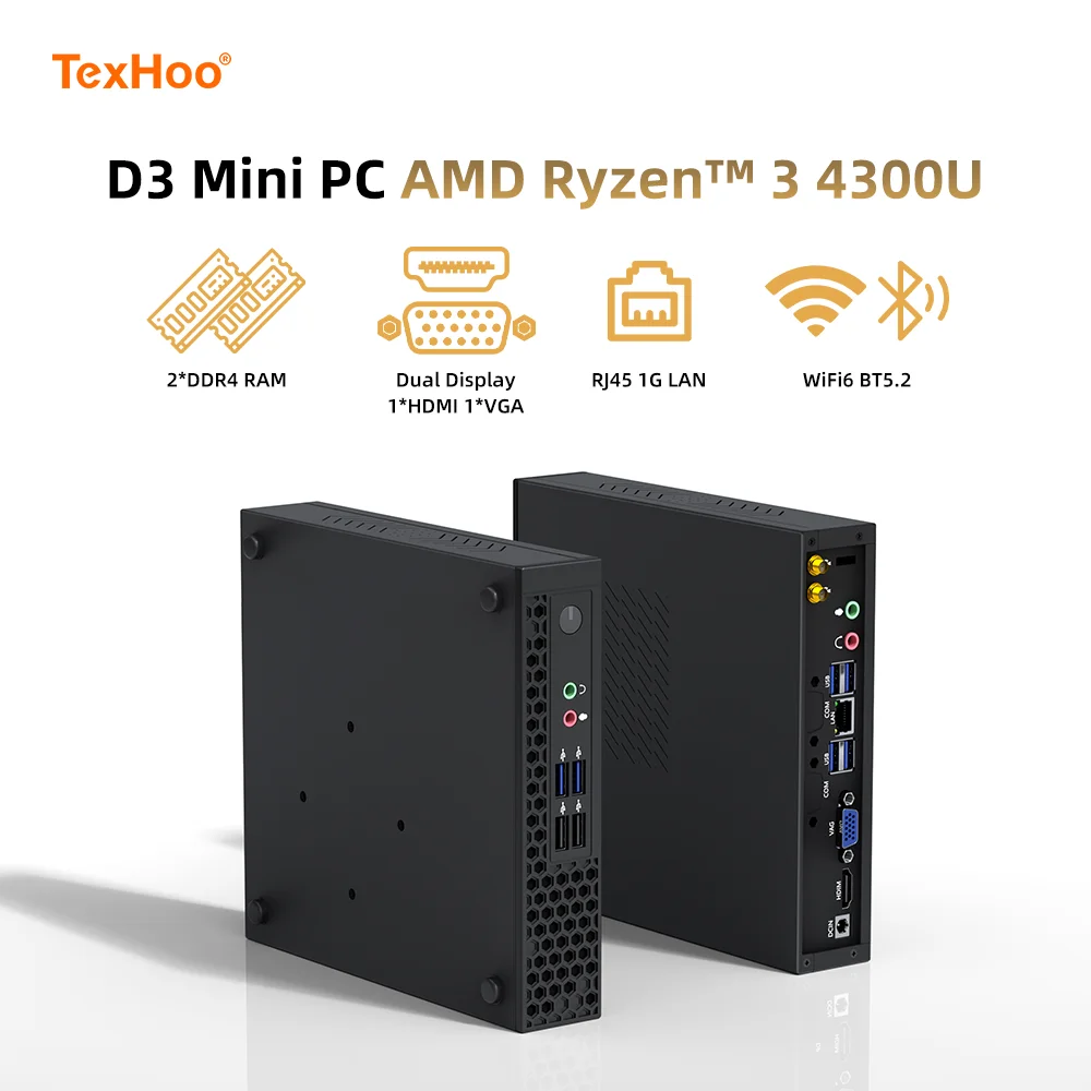 

Игровой мини-ПК TexHoo AMD Ryzen3 4300U R7 5700U Процессор ITX Windows 11 Pro 10, системный блок DDR4 NVMe WiFi