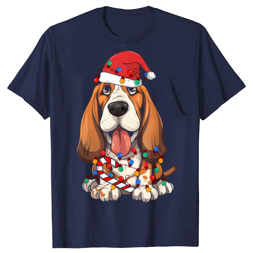 Funny Basset Hound Christmas Lights Dog Lover Xmas T-shirts Men Women Fashion Casual Tshirt 100% Cotton Loose Oversized T Shirt