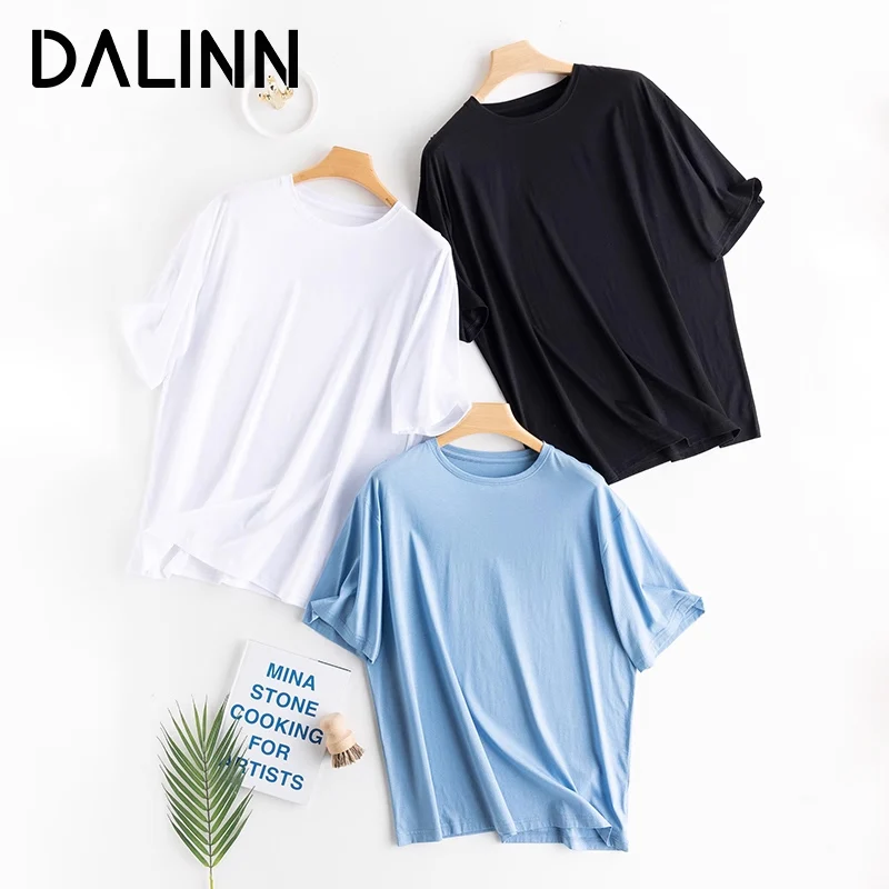 

Woman Loose T Shirts O Neck Drop Sleeves Silk Linen Blend Natural Fabric Cozy Tee 2023 Spring Summer Top Blue White DALINN