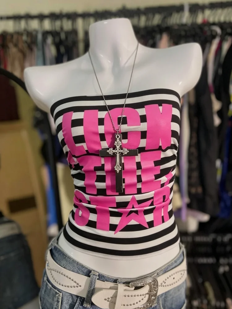 Y2K Schwarz-weiß gestreiftes Tube-Top für Damen mit rosa Buchstaben- und Stern-Print – Detail 1