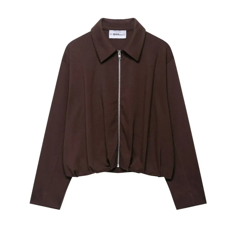 

Women Pleated Jacket with Zipper Autumn Turn Down Collar Long Sleeve Women's Fleece Coats Female Simple Tops