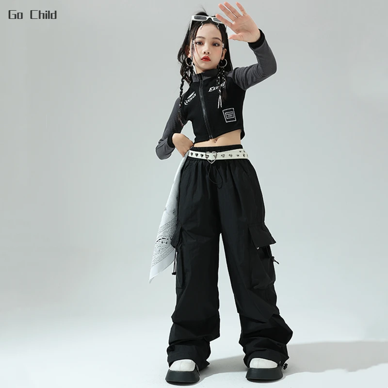 Girls Hip Hop Cropped Jacket Loose Cargo Pants Clothes Sets Children Street Dance Short Coat Kids Streetwear Jazz Stage Costumes