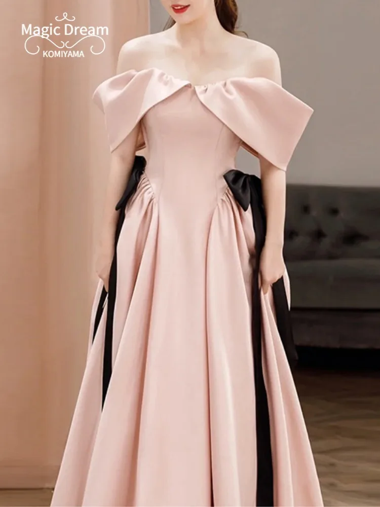 Customized One-shoulder French Banquet Evening Dress High-quality Temperament Engagement Prom Dresses Pink Satin Bride Wed Party