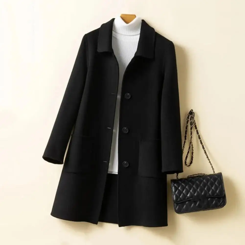 

Soft Polyester Coat Stylish Women's Wool Blend Mid-length Pea Coat with Notch Lapel Fall/winter Trench Coat for Plus for Women