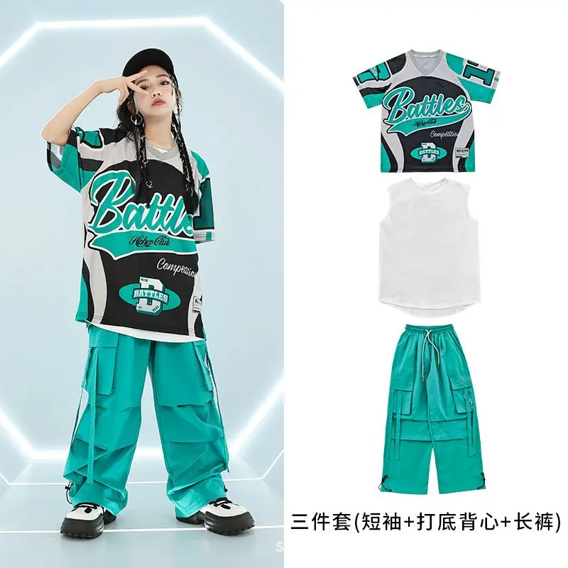 2024 Kids Hip Hop Dance Costumes Blue Loose T-Shirts Cargo Pants Streetwear For Girls Boys Jazz Performance Stage Wear