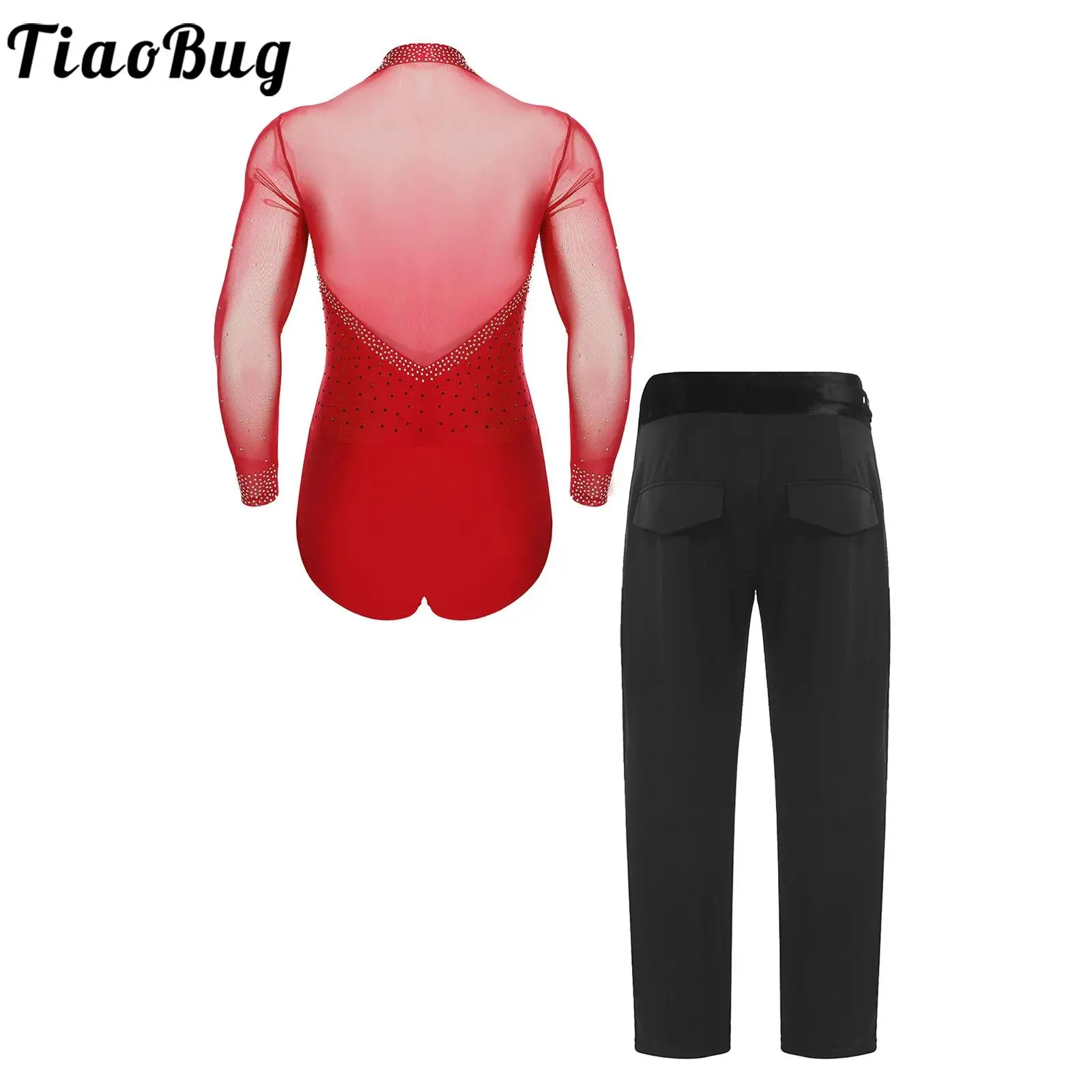 

Men Latin Dance Tango Jazz Salsa Costume Outfit Dance Ballet Samba Cha-cha Sets Long Sleeve Sheer Mesh Patchwork Bodysuit Pants