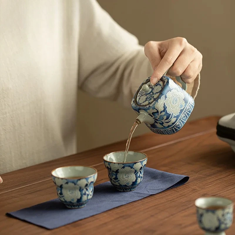Ru Kiln Peony Yuan Blue And White Travel Tea Set Kit Zen 1 Pot 3 Cups Tea Making Organizer Portable Picnic Handbag Tea Items