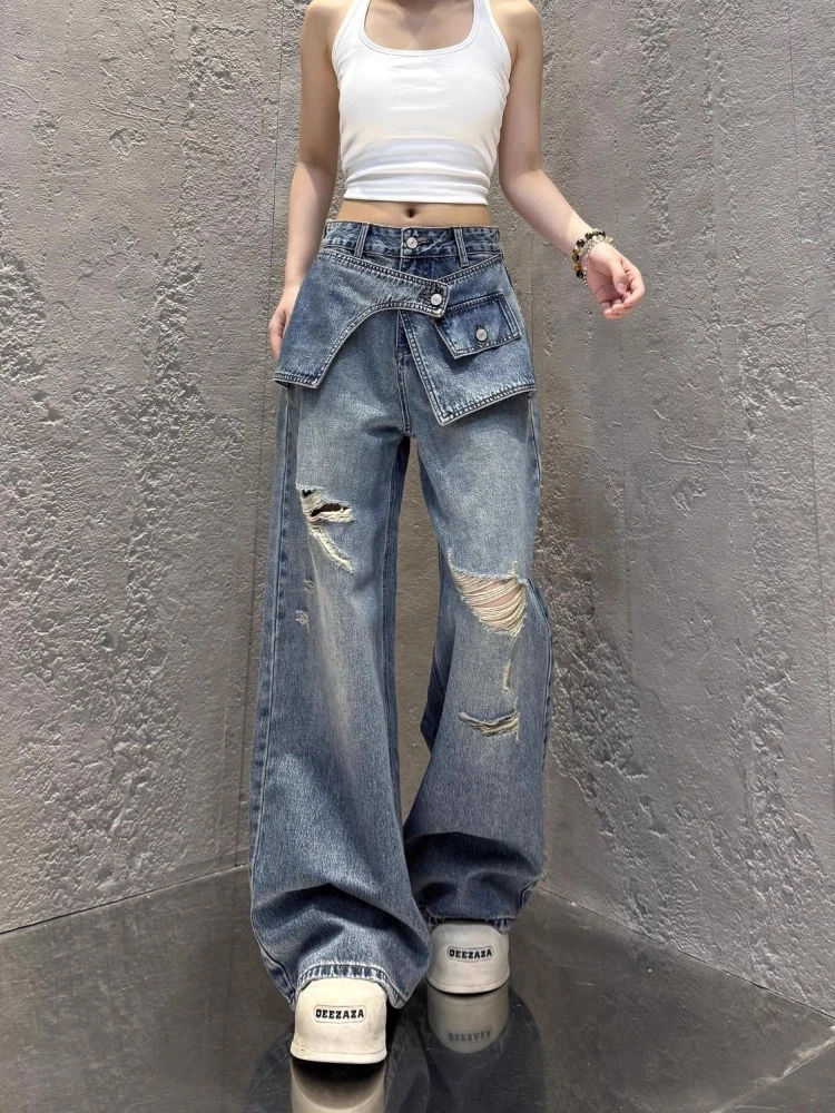 

Design sense ripped wide leg jeans women's summer thin style 2026 new loose fake two piece American style straight leg pants