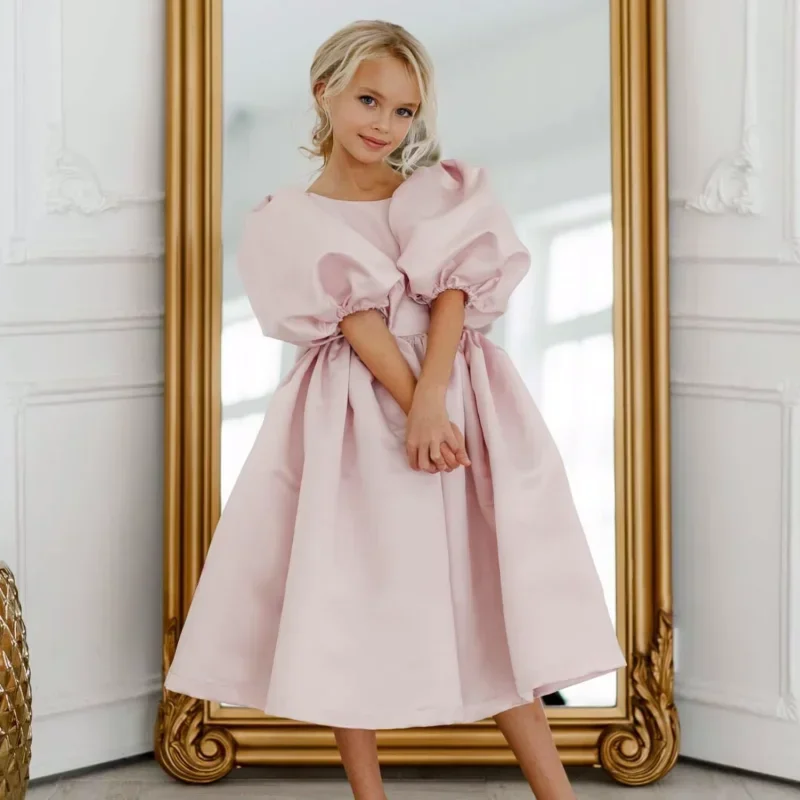 Light Pink Satin Princess Gown with Bow Short Sleeve Flower Girl Dress for Birthday Pageant Banquet Wedding Special Occasion