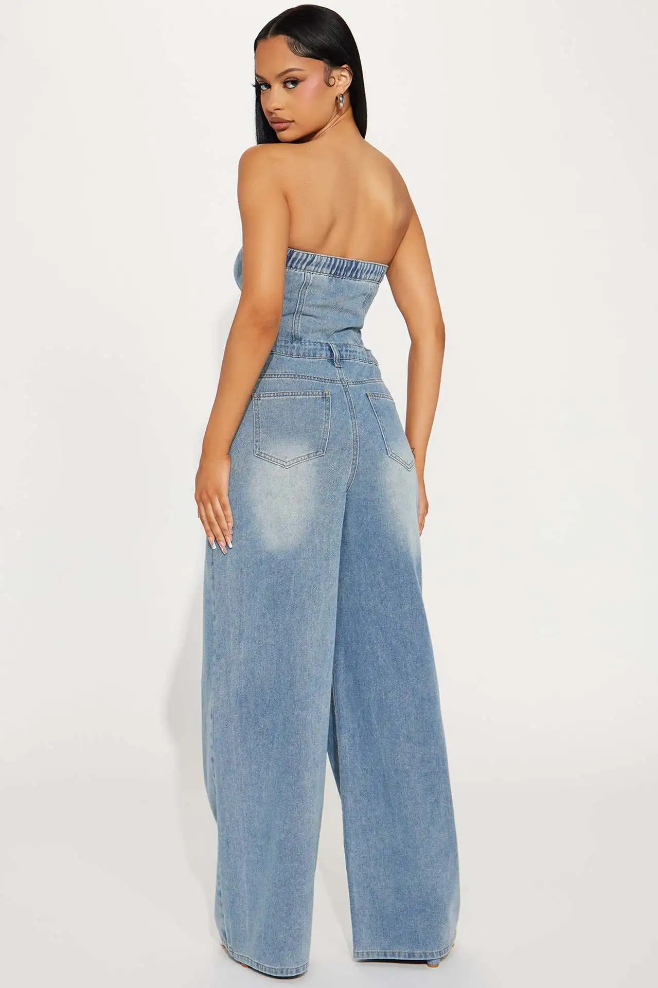 Women Jumpsuit Summer Sexy Sleeveless Strapless Hollow Out Elastic Denim Straight Jumpsuit Casual Lady Wide-Leg Jeans Jumpsuit