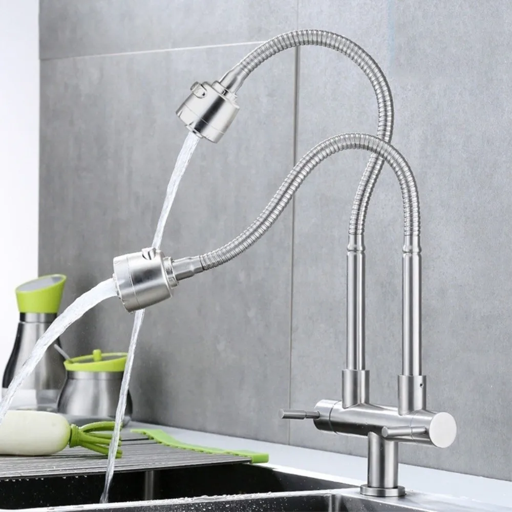 

304 Stainless Steel Double Head Sink Tap 360° Rotate Multifunction Pillar Mounted Tap 2-in-1 Convenient Flexible Faucet