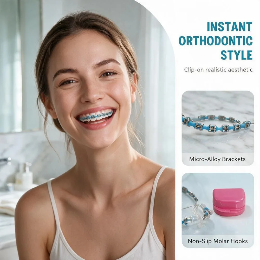 1 Pair Fashion Fake Braces Tooth Jewelry Kit, Removable Non-Permanent Dental Decoration for Hip Hop Halloween Party