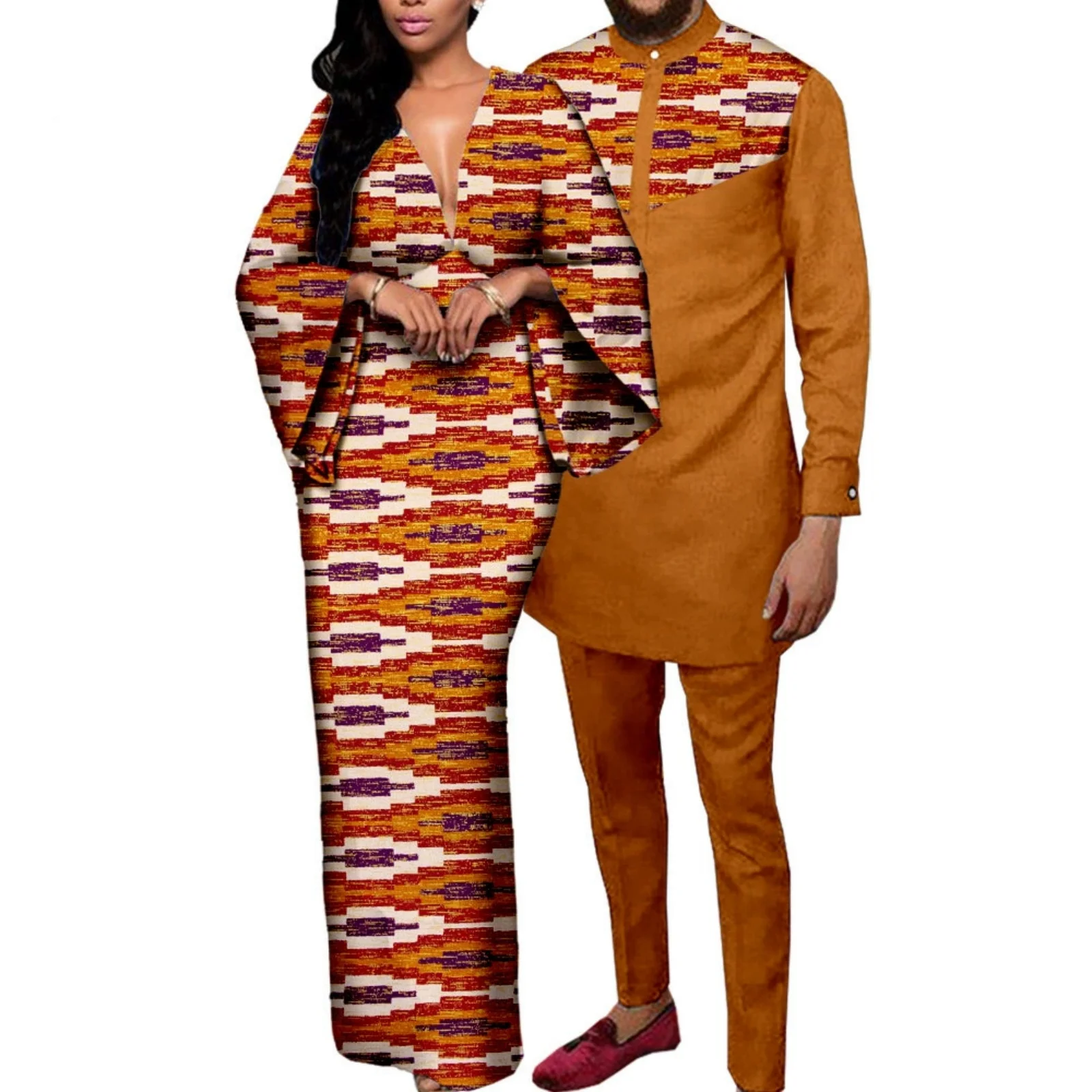 

Костюм для влюбленных в африканском стиле, одежда для пар, длинные платья с глубоким v-образным вырезом в африканском стиле для женщин, одинаковые мужские наряды, комплект верхних рубашек Dashiki