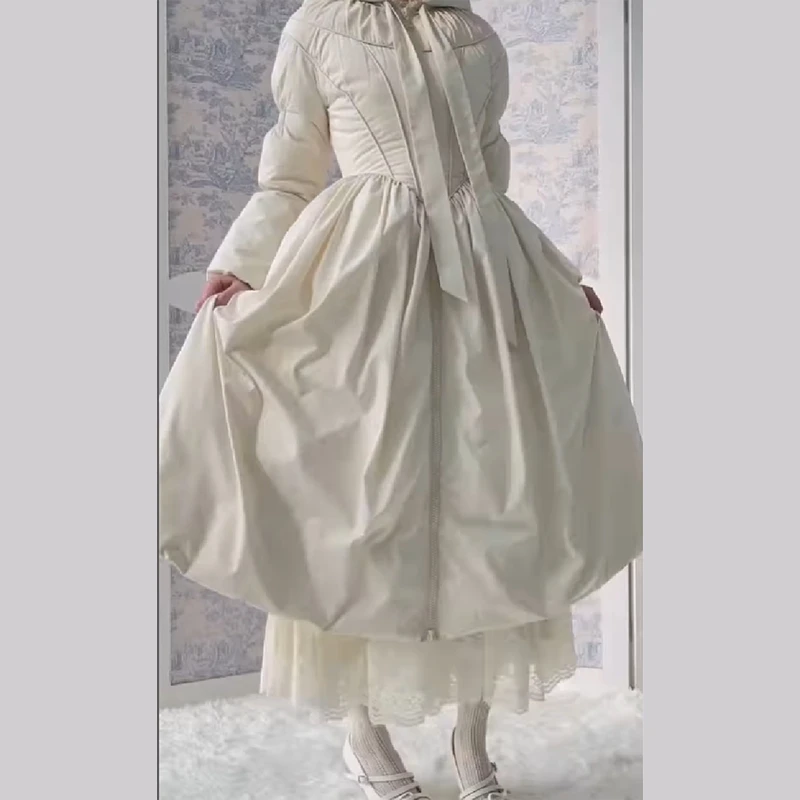 

Female New Elegant Casual Hooded Cotton Coat Fashion Versatile Bow Tie Puffer Skirt Overcoat Vintage Ruffled Warm Thick Jacket