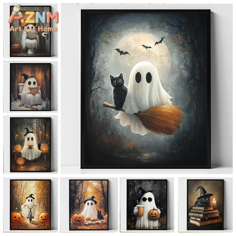 AZNM Cute Ghost Black‑Cat Broom Pumpkin Full‑moon Funny Halloween Canvas Wall Art, Spooky Vintage Frameless Canvas Print Poster