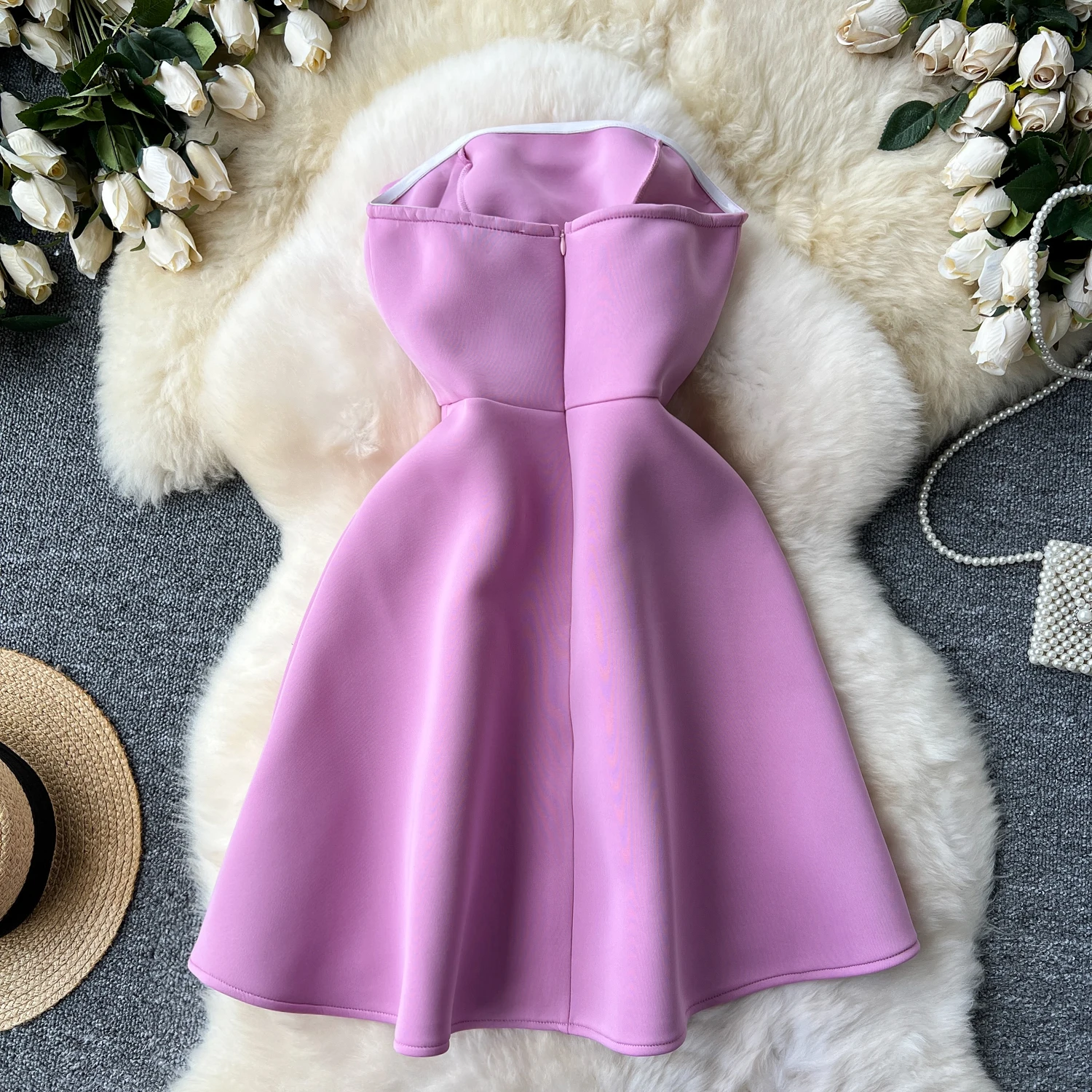 Clothland Women Sexy Strapless Lilac Dress Beading Pearl Sleeveless Backless Taffeta Party Event Mini Dresses QD690