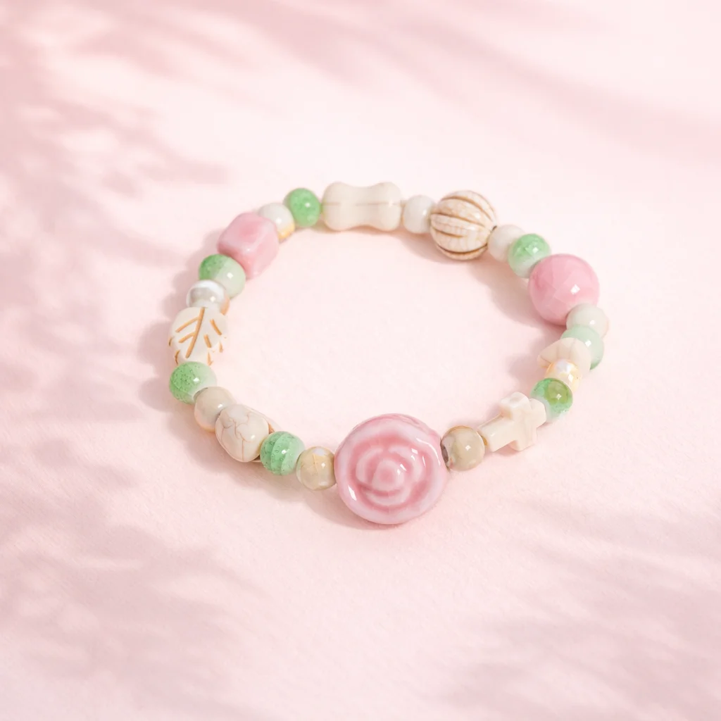 Rosa Rosen-Keramik-Armband Handgefertigt Zarter Mädchenstil Verstellbarer Elastischer Perlenschmuck Süßes Tägliches Accessoire Geschenk S03-289