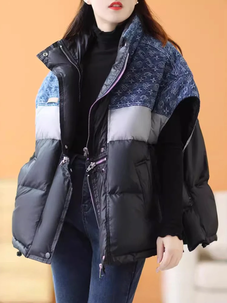 Piumino retrò alla moda Gilet invernale Nuovo colore a contrasto Giacche da pane Spalla oversize allentata Piumino d'anatra bianca da donna