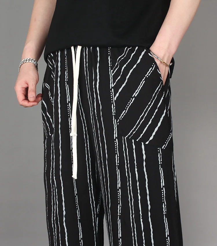 2025 Summer New Loose Casual Wide-Leg Pants for Men Trendy Printed Striped Versatile Harem Straight Pants
