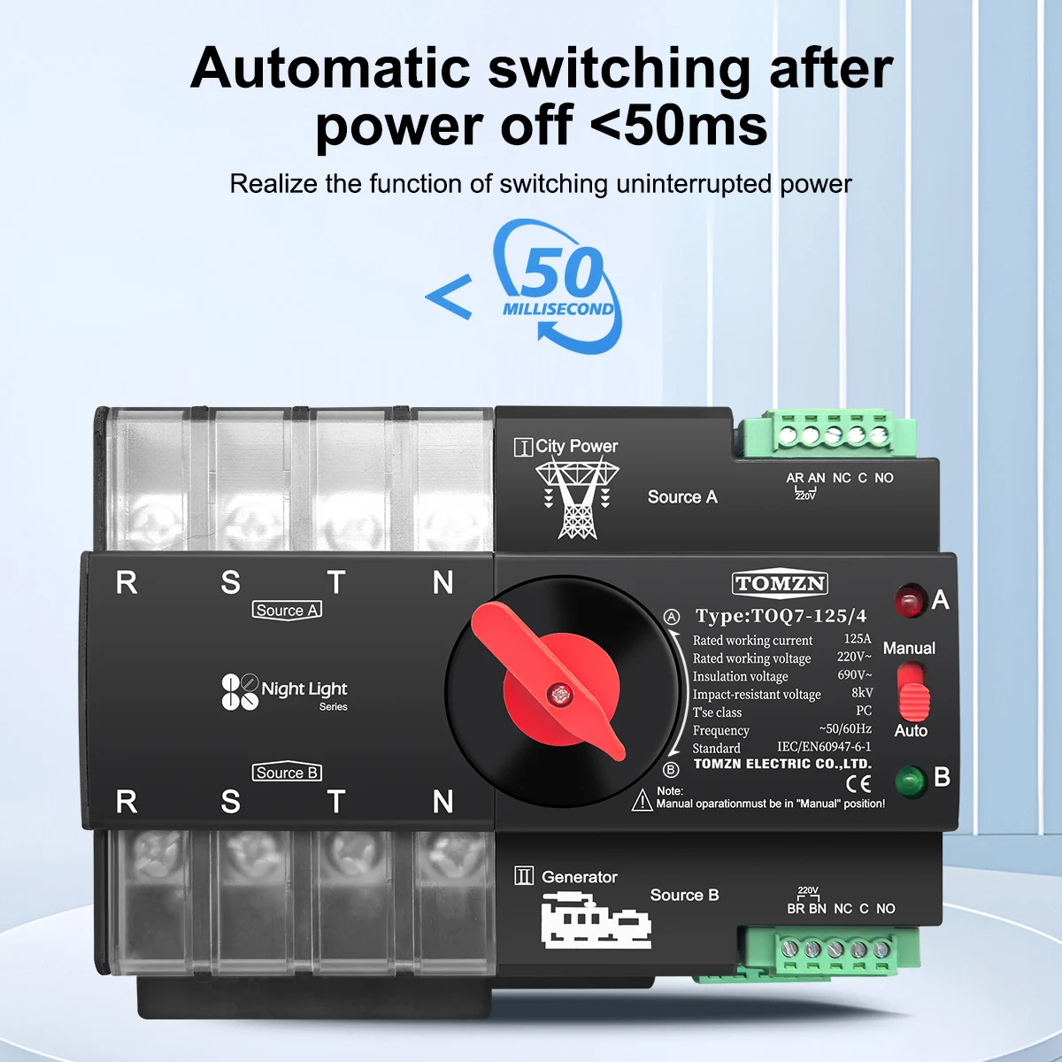 TOMZN DIN Rail 3 Phase ATS 4P 63A 100A 125A 220V 230V Dual Power Automatic Transfer Electrical Selector Switch Uninterrupted