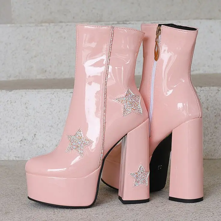 Glitter Star Round Toe Platform Ankle Boots Women Patent Leather Chunky Block Heel Sweet Cool Fashion Boots