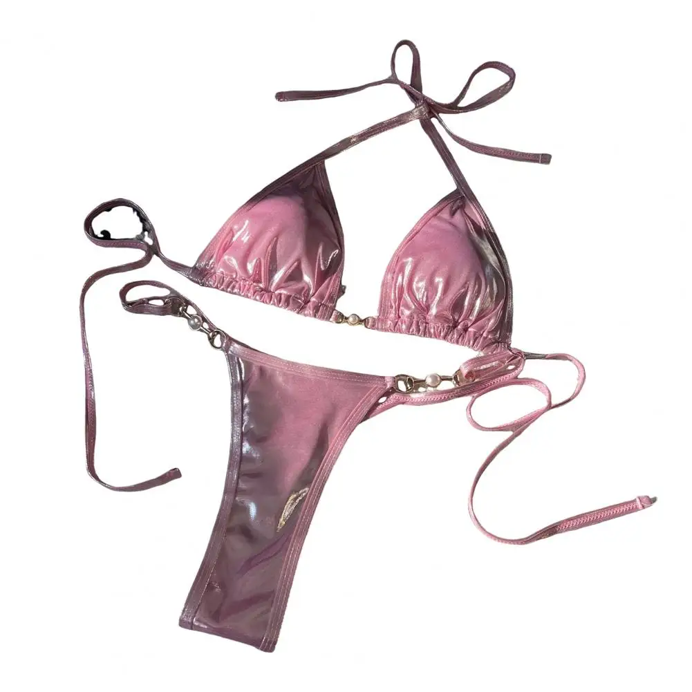 Tiefer V-Riemchen-Bikini-Set für Damen, helle Oberfläche, Neckholder-Bikini-Set mit Kunstperlen und Schnür-Tanga, schnell trocknend, für Strandbekleidung