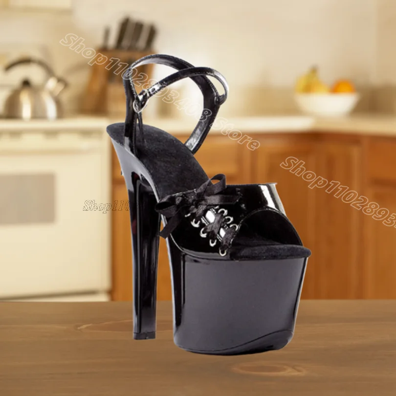 

Black Ankle Buckle Stiletto Sandals Patent Leather Open Toe British Style Women Summer Party Dance Sandals Zapatos Para Mujere