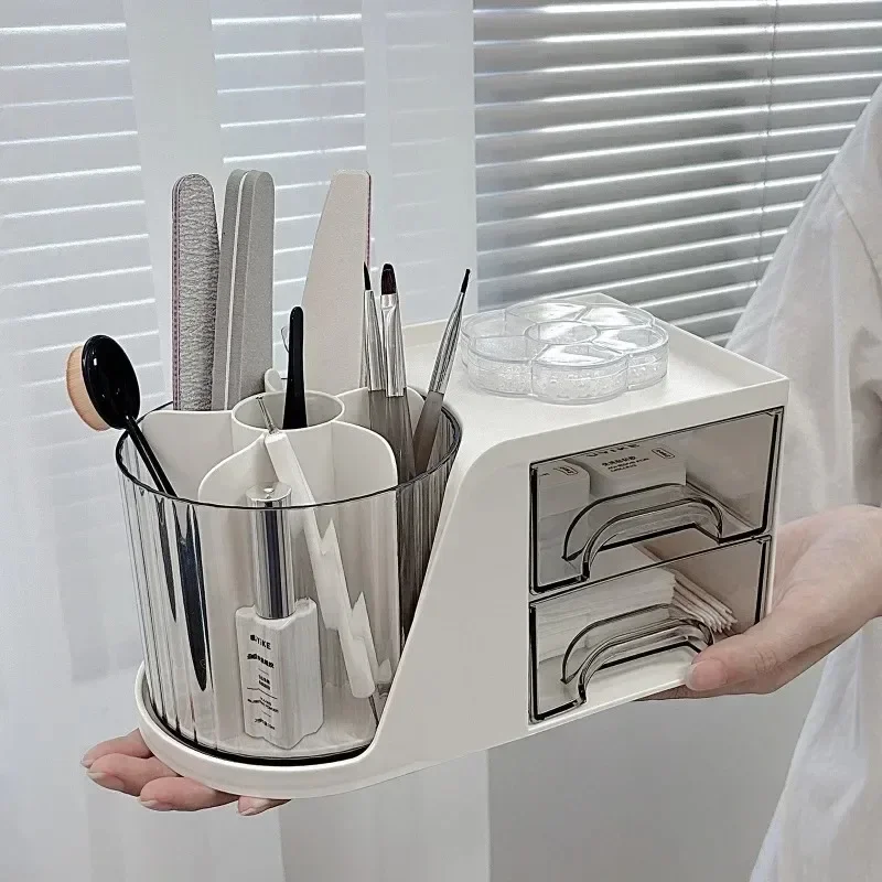 Multifunctional Nail Art Storage Box Organizer Cotton Swab Container Makeup Brush Pen Holder for Manicure Salon Home Vanity