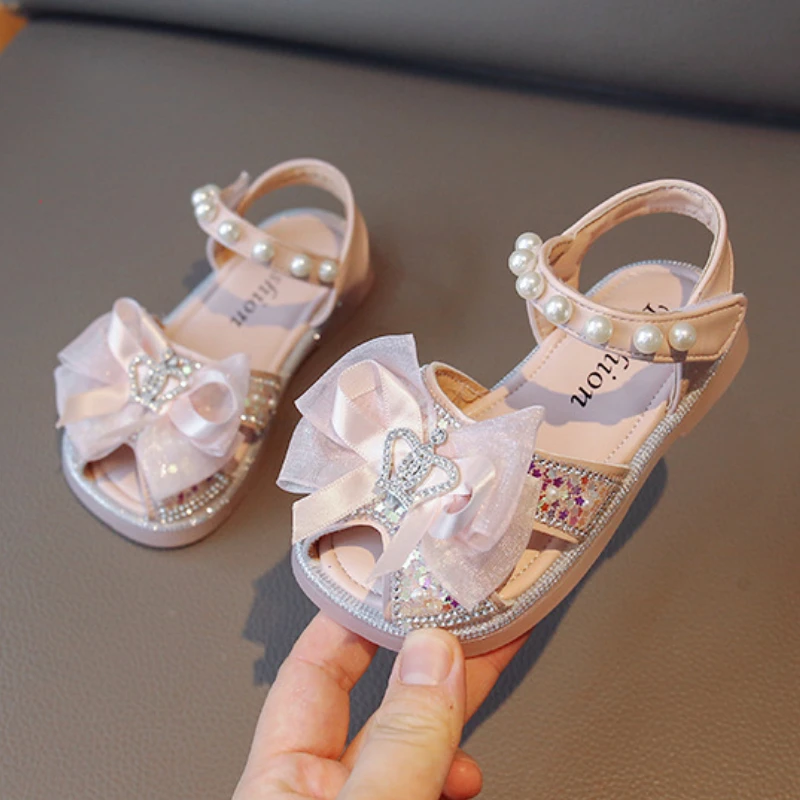 Star Glitter Sandals for Girls Kids Shoes Princess Summer 2023 New bling Rhinestone Crown Pearl Children Causal Sequined Sandals