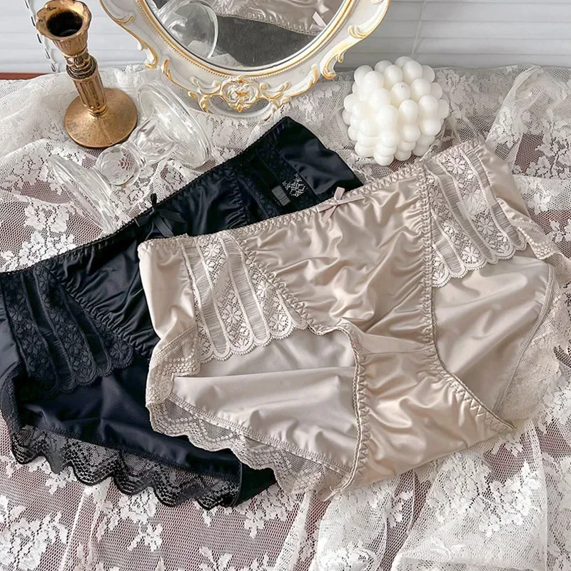 

French Retro High-rise Underwear High Quality Ice Silk Panties Women Seamless Briefs Female Underpant Comfy Ultra-thin Underwear