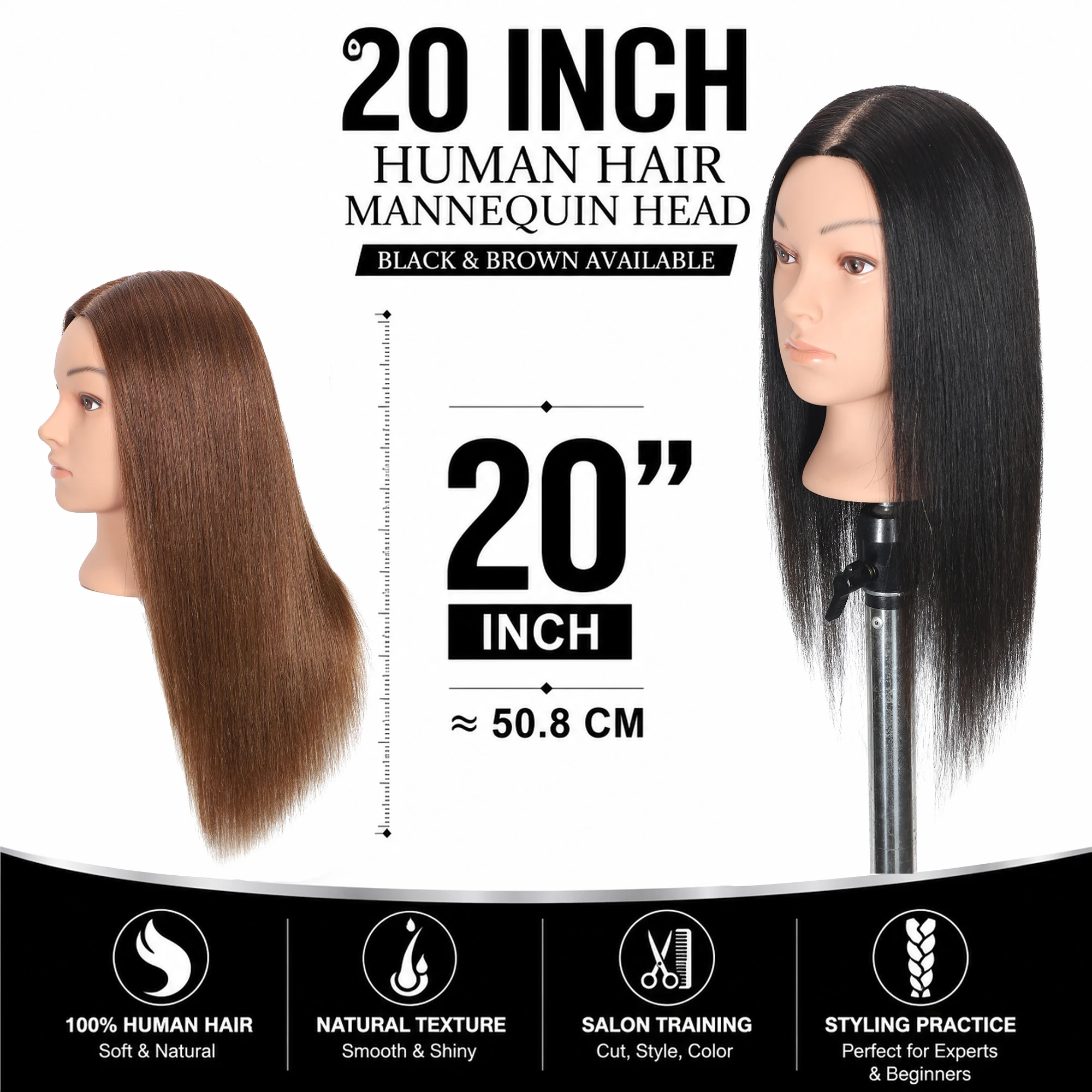 20inch Full Real Hair Straightening, Hair Salon Practice Head Models Can Curl, Braid and Dye, Wig Teaching Head Models