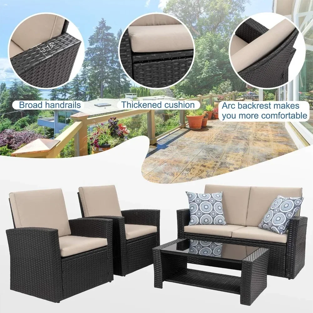 Outdoor Patio Furniture Set With Glass Coffee Table 4 Piece Comfort Rectangular  Outdoor Sofa Wicker Rattan Modular Sofa