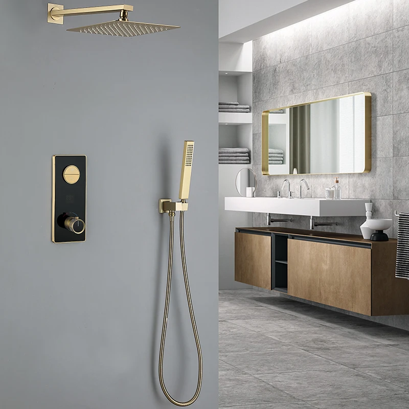 

FARRETE Modern 2 Functions Bathroom Shower System Rain Brass Shower Faucet Set Brushed Gold Digital Thermostatic Shower Set