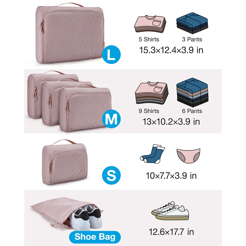 BAGSMART 6 Set Packing Cubes for Suitcases Travel Quilted Look Travel Organizer Cubes Luggage Organizer Cubes with Shoes Bag