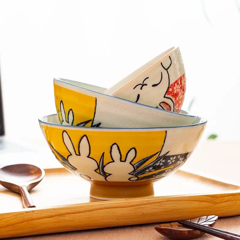 Japanese Cartoon Rabbit Ceramic Bowl, Household Underglaze Color Cute Rice Bowl, Kitchen Tableware Soup Bowls,moving Gift Set