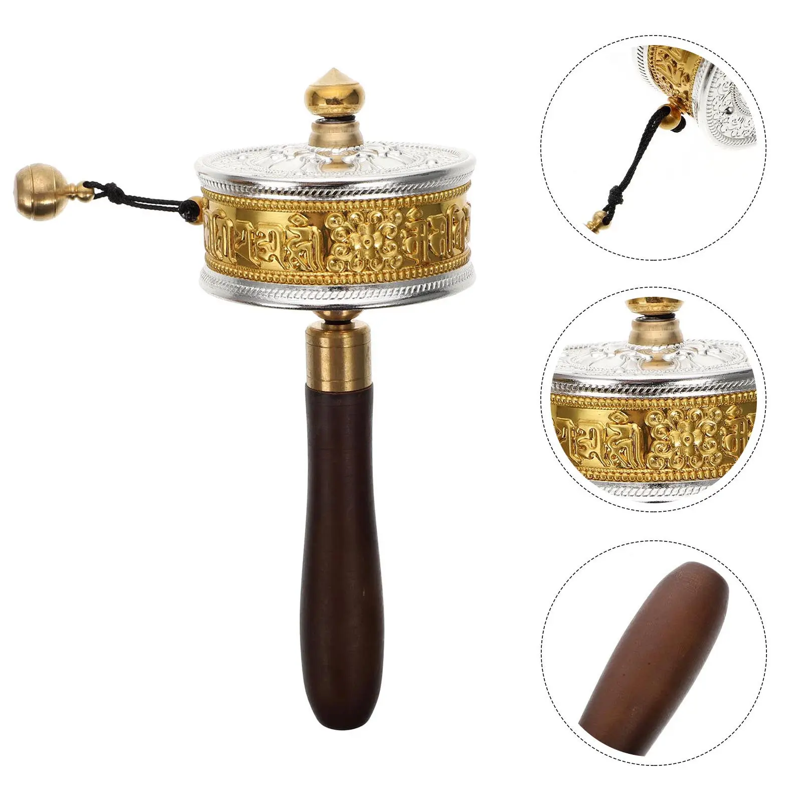 1Pcs Elegant Delicate Prayer Wheel Pure Copper Body Wooden Handle Noise-Less Portable Buddhist Artifact for Home Decor Blessing