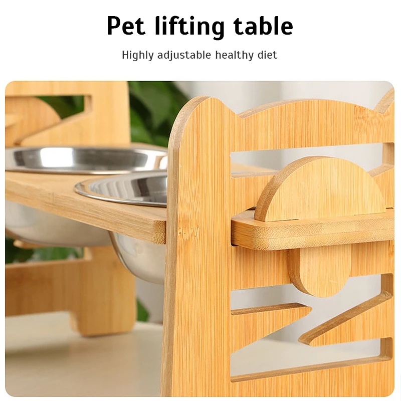 Tigelas de bambu ajustáveis para cães, Dog Feeder Stand, tigelas de aço inoxidável para cachorros e gatos, acessórios para animais de estimação