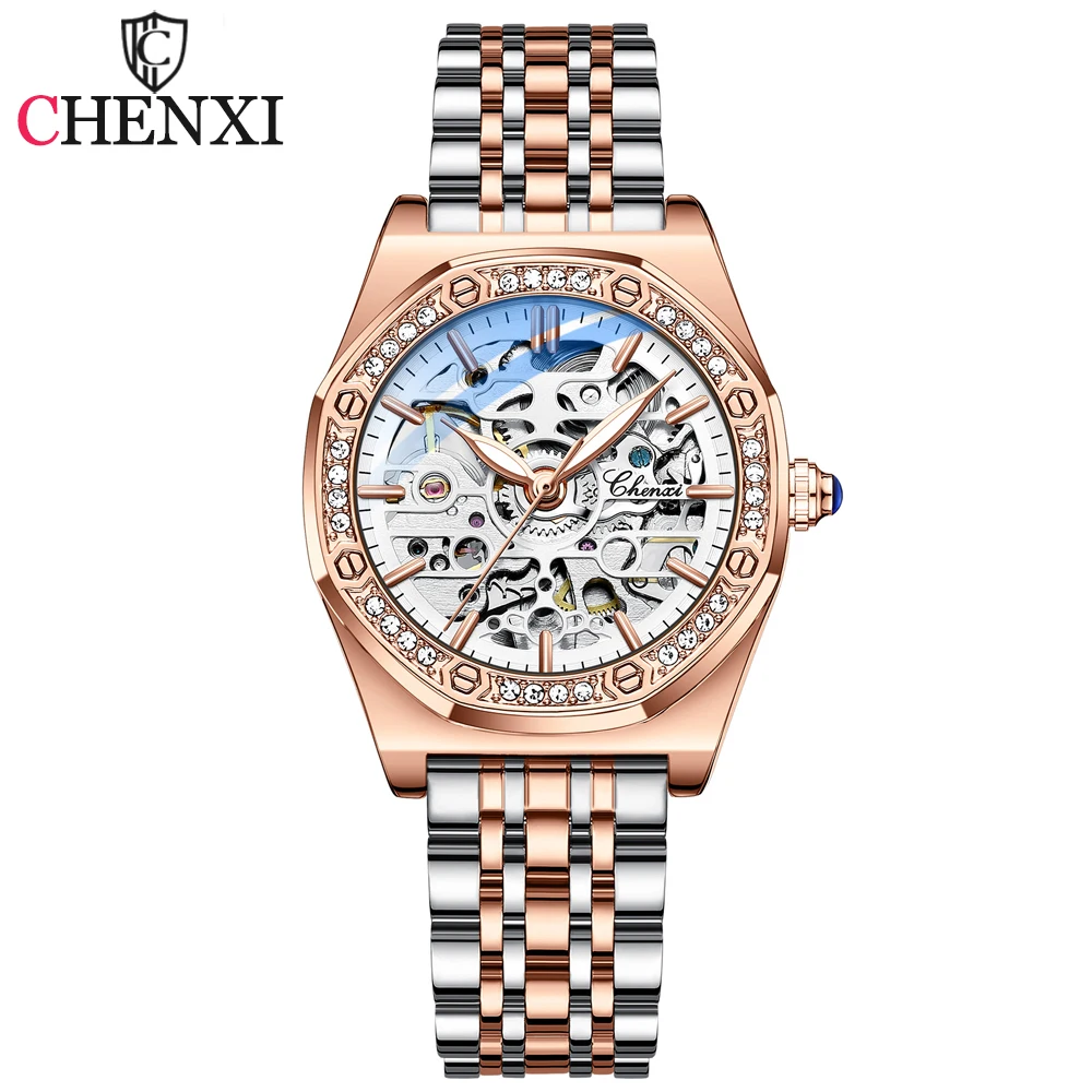 CHENXI New Women Automatic Mechanical Watch Luxury Brand Elegant Ladies Clock Rose Gold Stainless Steel Waterproof WristWatches