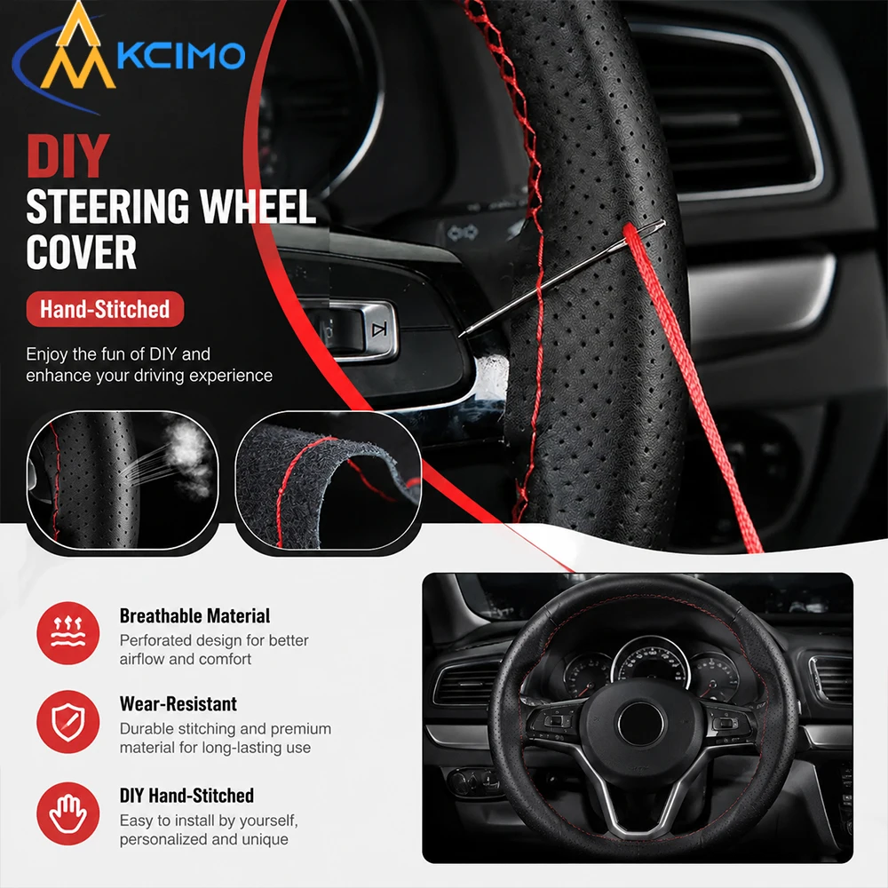 DIY Braid Sew Faux Leather Steering Wheel Cover Comfort Soft Car Accessory with Needle And Thread Set