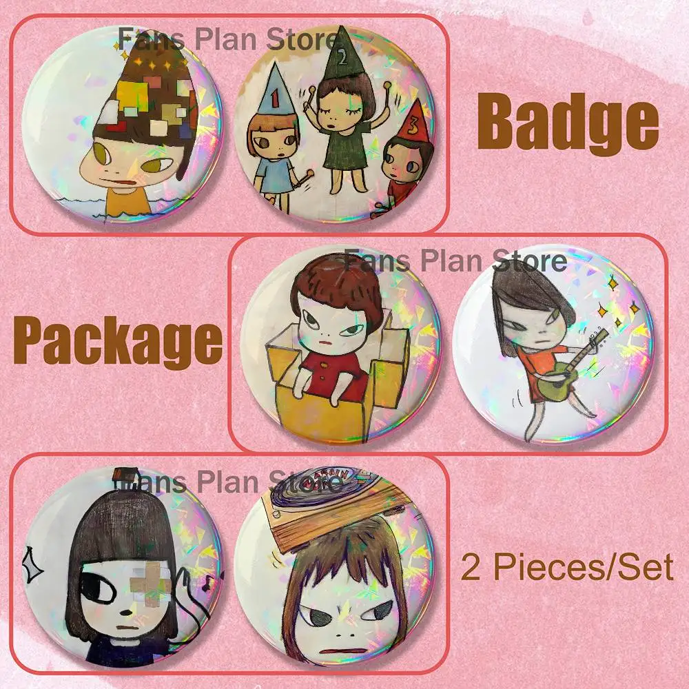 Cute Y-Yoshitomo N-Nara Brooches For Backpack Accessories 25,32,44,58,75mm Round Enamel Pins 2-piece Set Cartoon Fan Merchandise