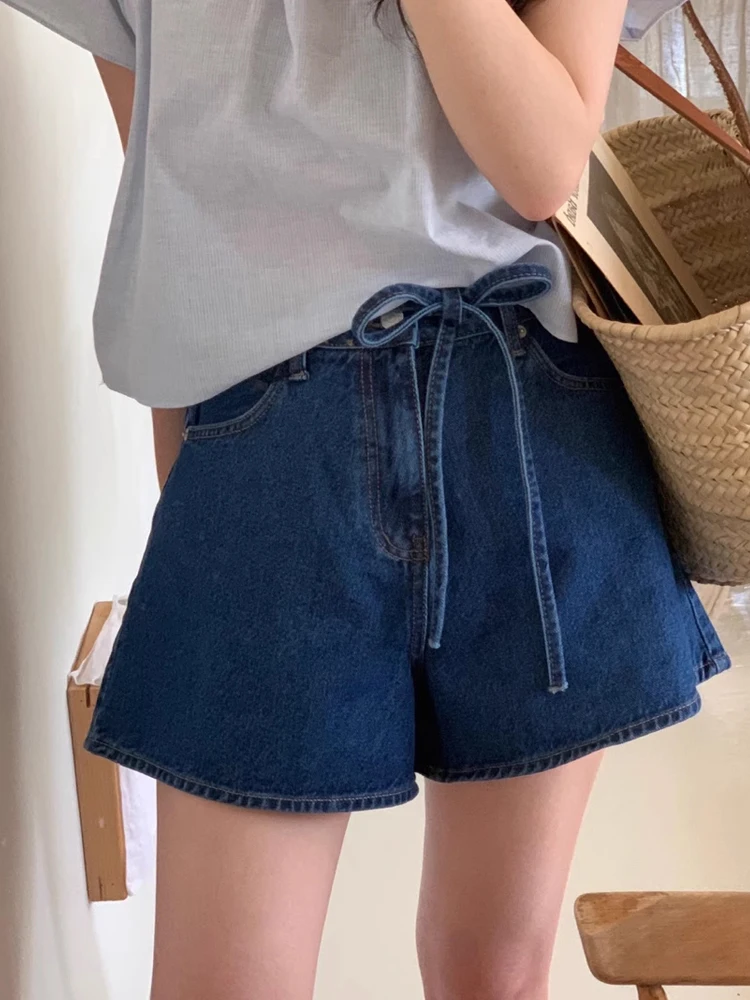 한국 스타일 하이웨이스트 데님 반바지 여성 여름 2024 신상 레그 레이싱 루즈핏 와이드 레그 A라인 벨티드 숏 팬츠