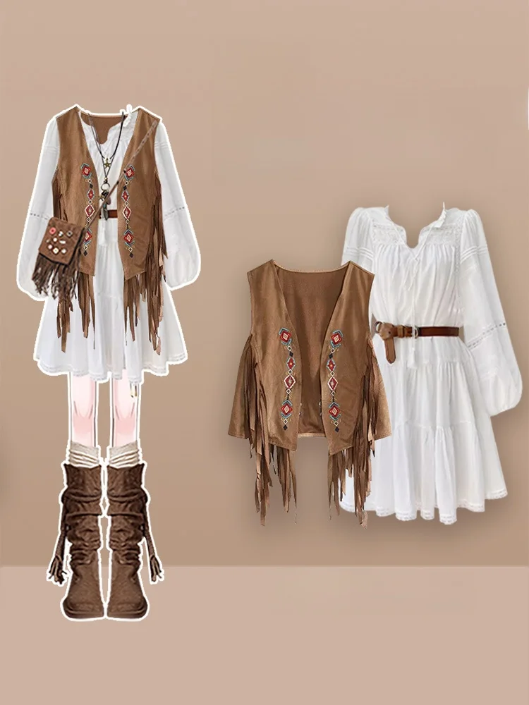 Bohemian Style Early Autumn Tourist White Dress Women's Vest Dirt-Rustic Landscape Matching Korean Style A-Line Skirt