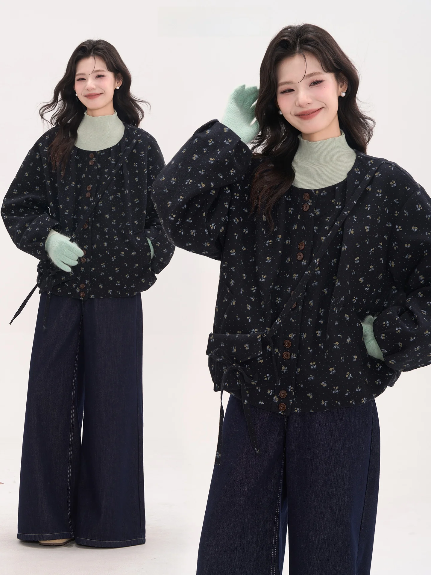 

Женское шерстяное пальто Heme Flower Field Window в корейском стиле с плиссировкой и цветочным принтом, круглый вырез, осенняя верхняя одежда для повседневной носки