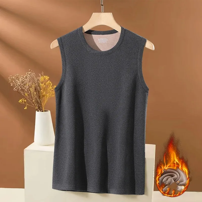 Men's Autumn Winter Solid Round Neck Pullover Sleeveless Flocking Undershirt Tank Fashion Casual Warm Office Lady Vintage Tops