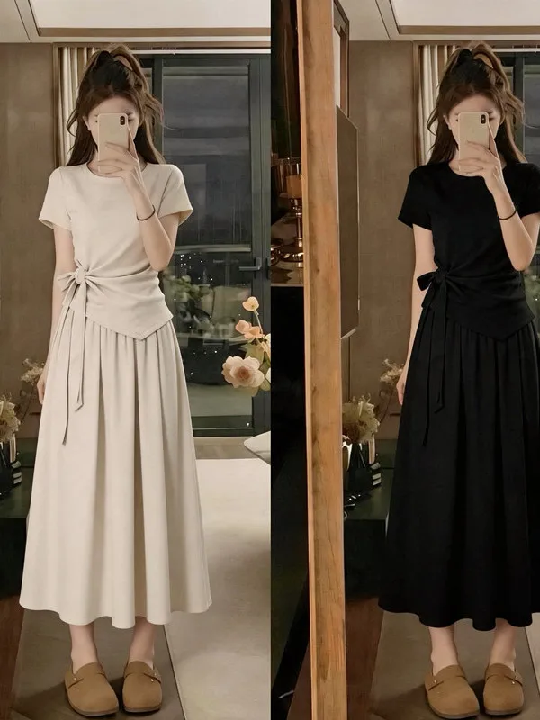 

Fashionable plus Size Women's Outfit with Belted Short Sleeve Top And Elastic Waist Slimming High Waist Skirt And Pants Two P...