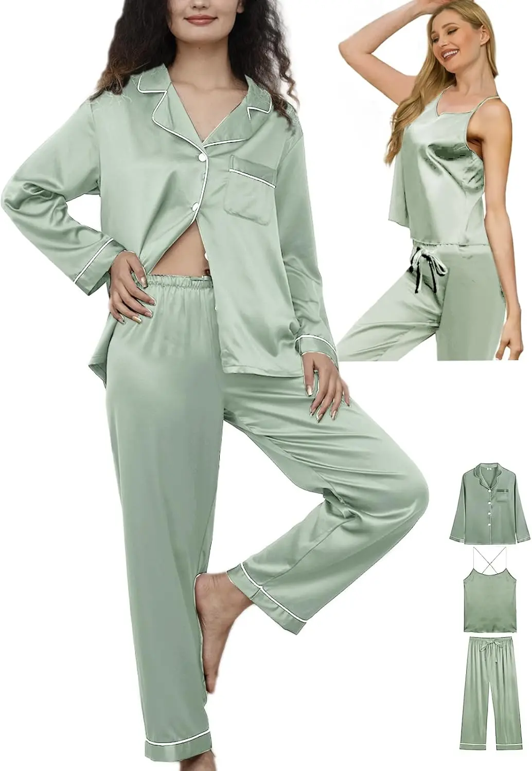 

Женский комплект из 3 предметов: шелковая атласная пижама, длинный комплект, сексуальный топ-камисоль, пижама для сна, шелковистые пижамные комплекты, домашняя одежда, размеры XS-4XL