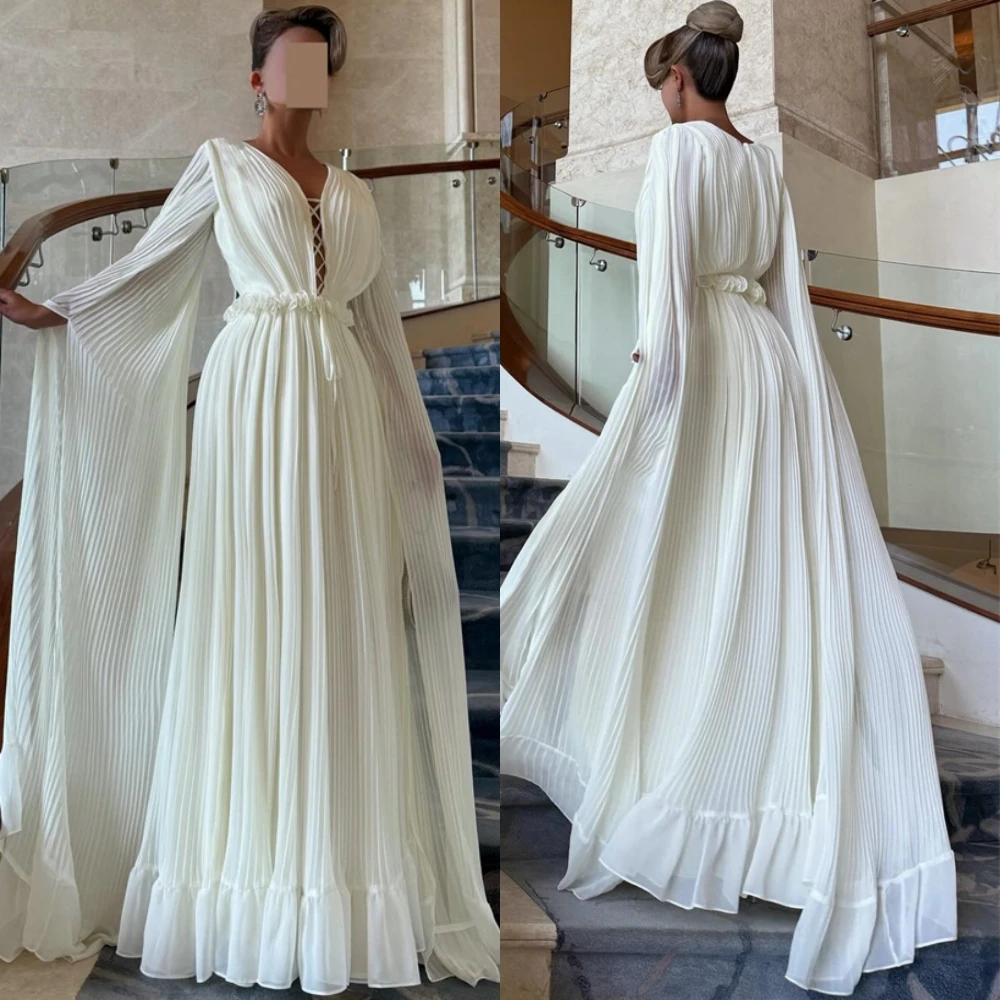 Moda personalizada chiffon com decote em v vestido de noite clássico mangas compridas vestidos de baile delicado a linha vestidos de ocasião sob medida