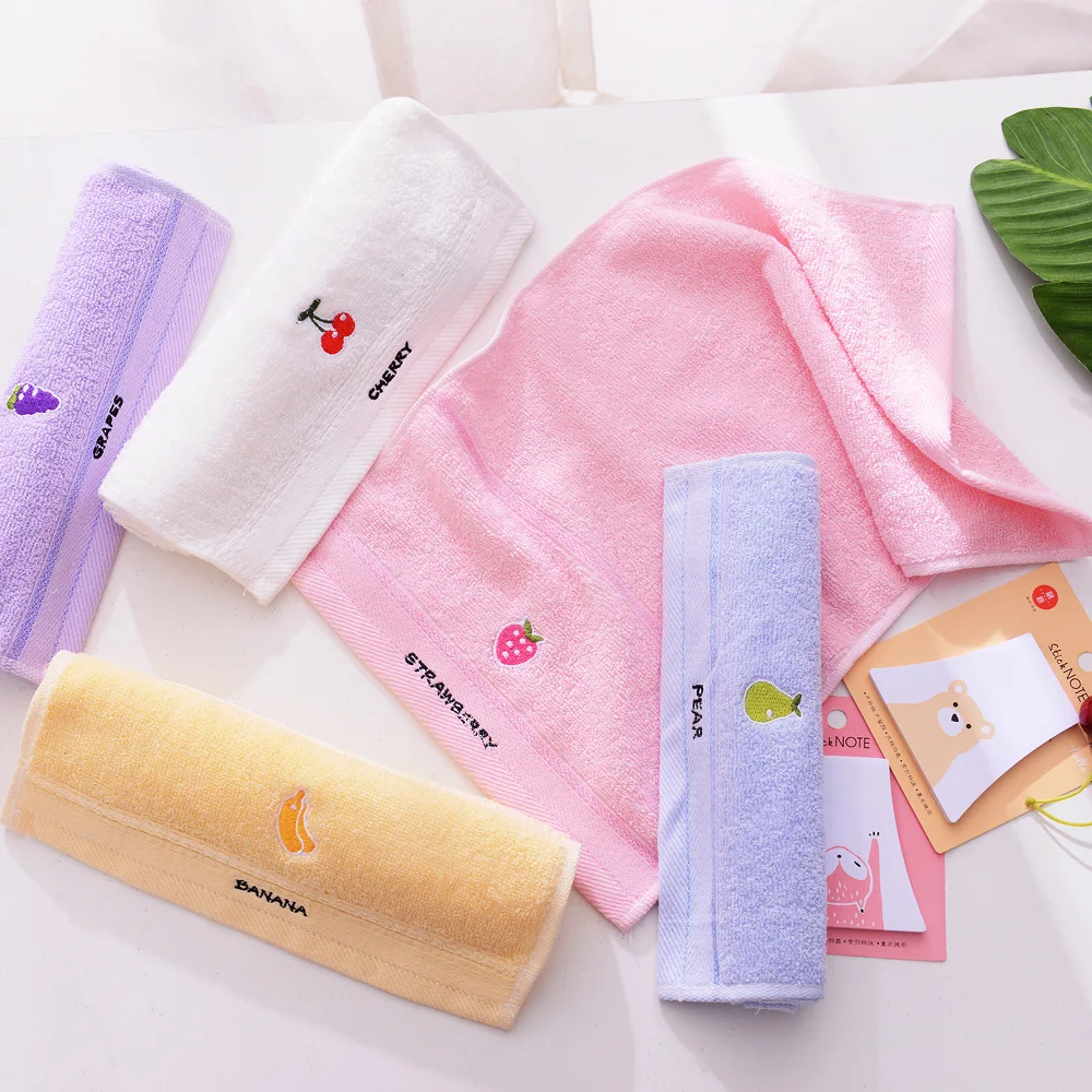 Soft Children 100% Cotton Towel with Strong Water Absorption Fruit Embroidery Quick-Dry Foot and Face Washing Washcloth for Kids